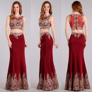 2PC Burgundy Gold Bodycon Sexy Dress